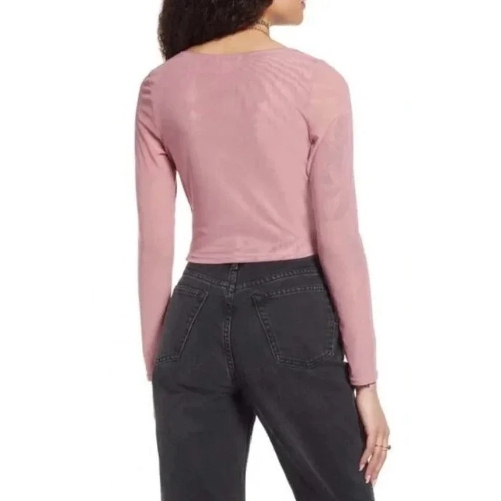 BP. Women's Long Sleeve V-Neck Faux Wrap Mesh Crop Top in Pink Nostalgia Small